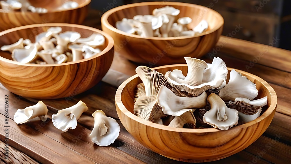 harvesting oyster mushrooms in three wooden bowls on a wooden table harvesting oyster mushrooms in three wooden bowls on a wooden table