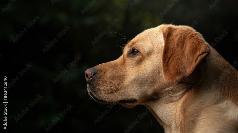 Majestic yellow-brown Labrador Retriever, head profile in a dark forest, bathed in dappled sunlight filtering through the canopy, creating a serene yet mysterious scene