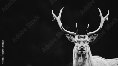 Majestic stag with impressive antlers, detailed texture on fur, set against a sharp black and white background © Alpha
