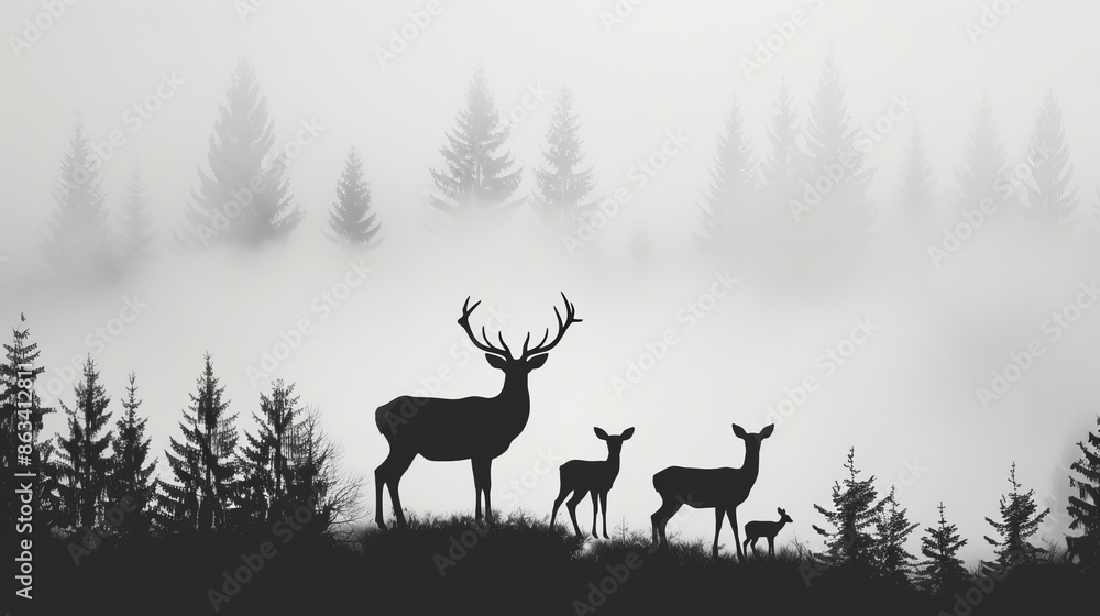 Serene misty forest featuring a deer, doe, and fawn with detailed antlers, black and white silhouettes among towering coniferous trees Serene misty forest featuring a deer, doe, and fawn with detailed antlers, black and white silhouettes among towering coniferous trees