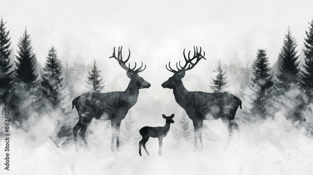 Fototapeta premium Serene misty forest featuring a deer, doe, and fawn with detailed antlers, black and white silhouettes among towering coniferous trees