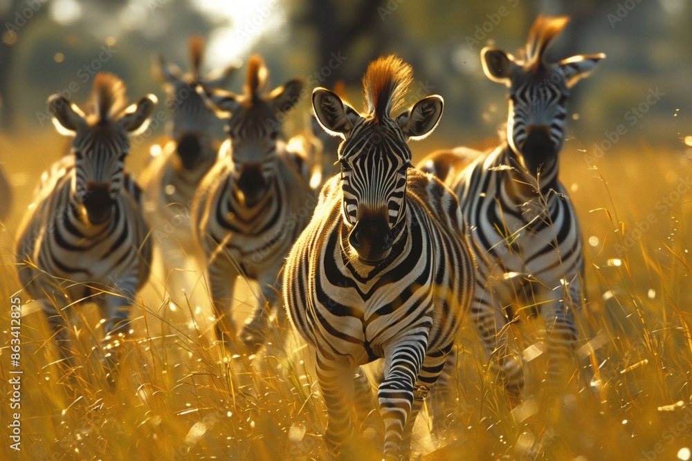 Fototapeta premium A Herd of Zebras Running Through Golden Grass in the African Savanna