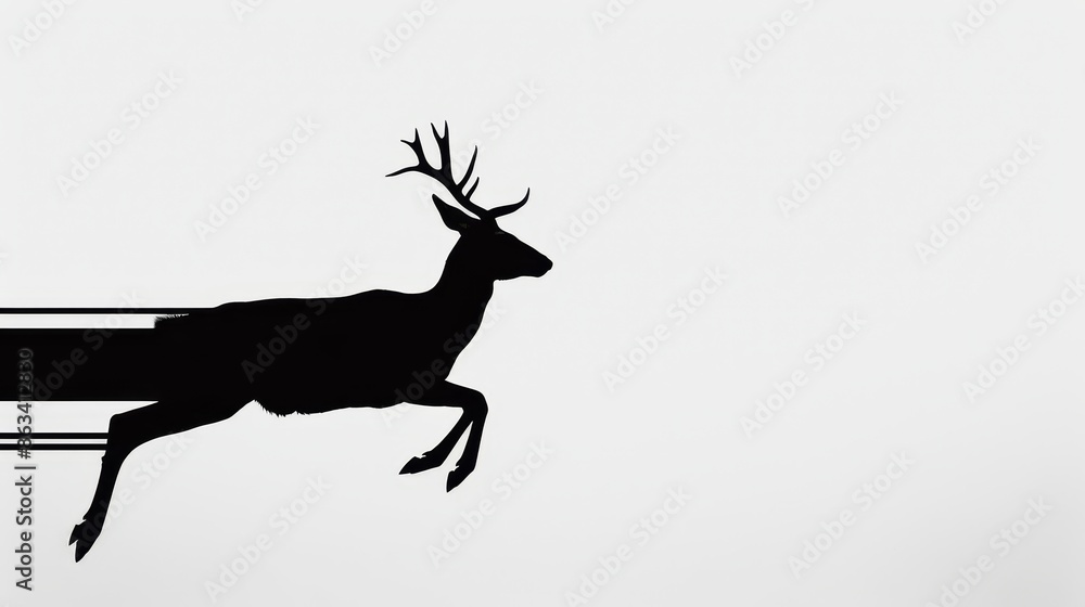 Obraz premium Silhouette of a deer in motion, leaping gracefully against a minimalist black and white background