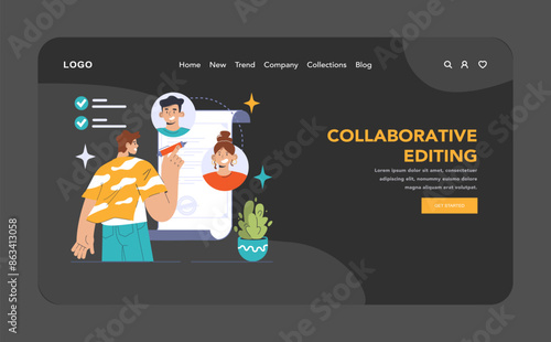 Collaborative editing dark or night mode web, landing. Team members
