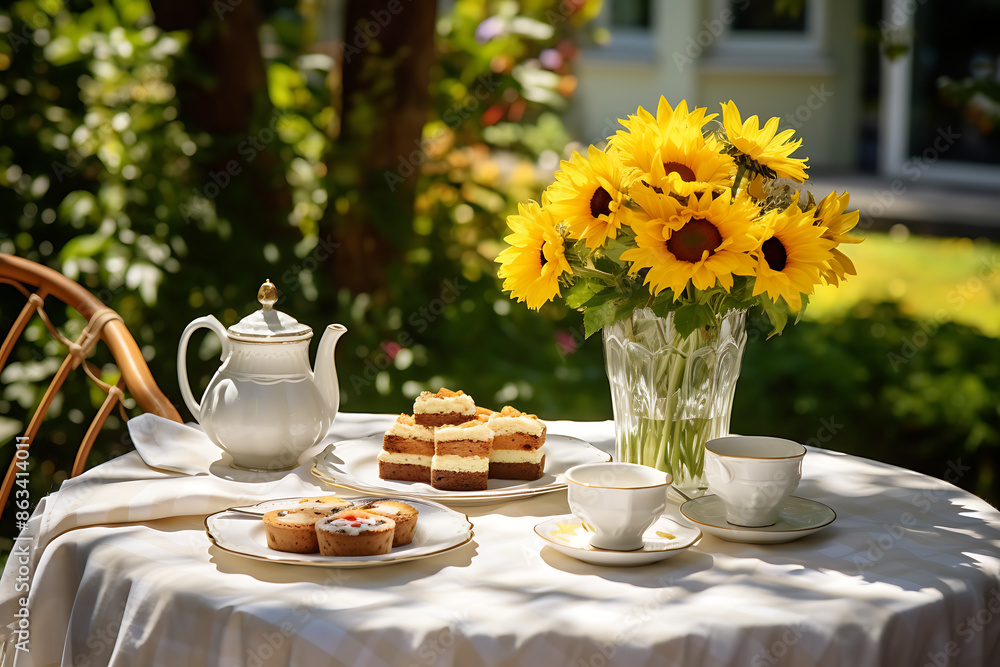 Table set for breakfast in the garden with sunflowers and tea Table set for breakfast in the garden with sunflowers and tea