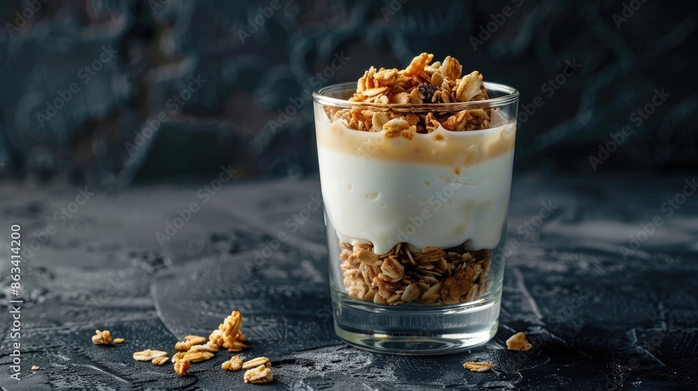 Granola and yogurt in a glass against a dark backdrop Granola and yogurt in a glass against a dark backdrop