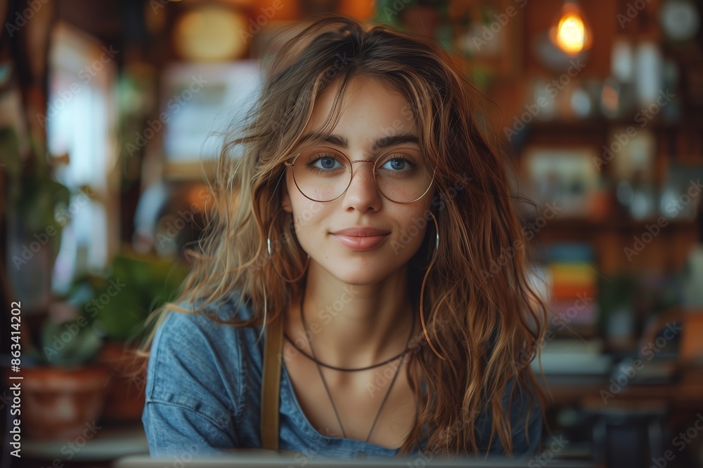 Woman Wearing Glasses Smiles At Camera In A Cafe Woman Wearing Glasses Smiles At Camera In A Cafe