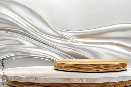 A modern wooden podium set against an abstract background with soft, undulating silver wave designs.