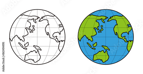 黒い線の世界地図と緑と青の世界地図のセット。太平洋を中心とした緯線と経線の入った地球儀。