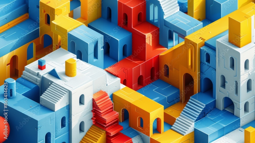 A colorful 3d model of a city with buildings and stairs, AI A colorful 3d model of a city with buildings and stairs, AI