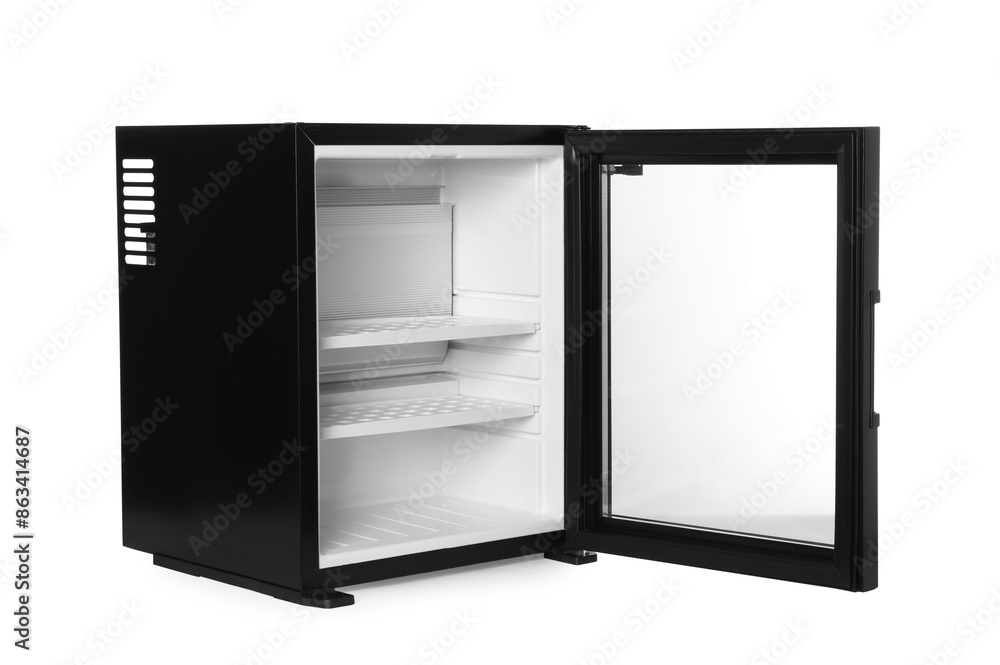 Empty modern mini refrigerator isolated on white Empty modern mini refrigerator isolated on white