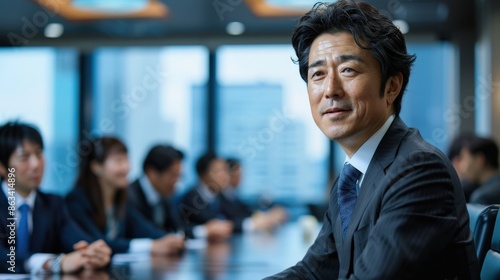 A man in a suit sits at a table with a group of people. He is wearing a tie and he is the leader of the group. The atmosphere seems to be professional and serious