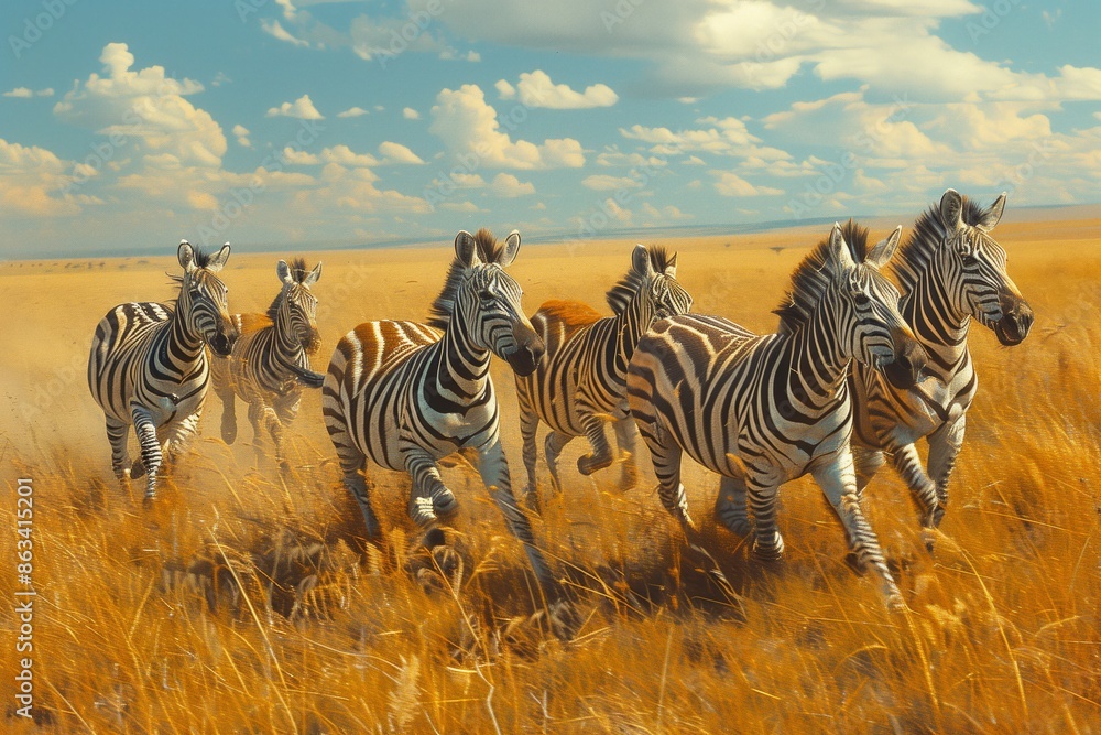 Fototapeta premium Zebras Running Through Tall Grass in African Savanna
