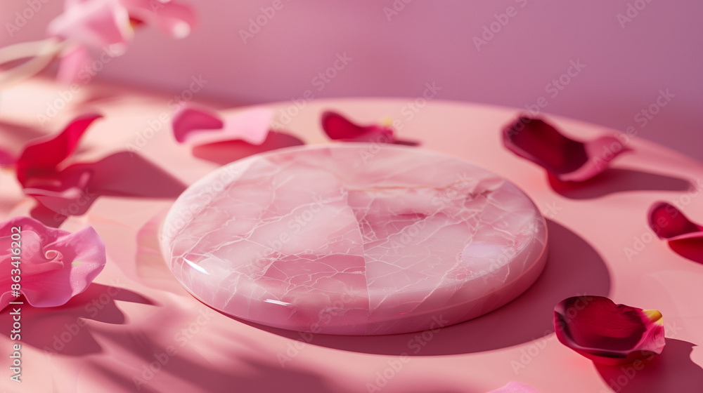 rose marble disc resting on a rose coloured table with rose petals lying around, rose wall background, soft light colors rose marble disc resting on a rose coloured table with rose petals lying around, rose wall background, soft light colors