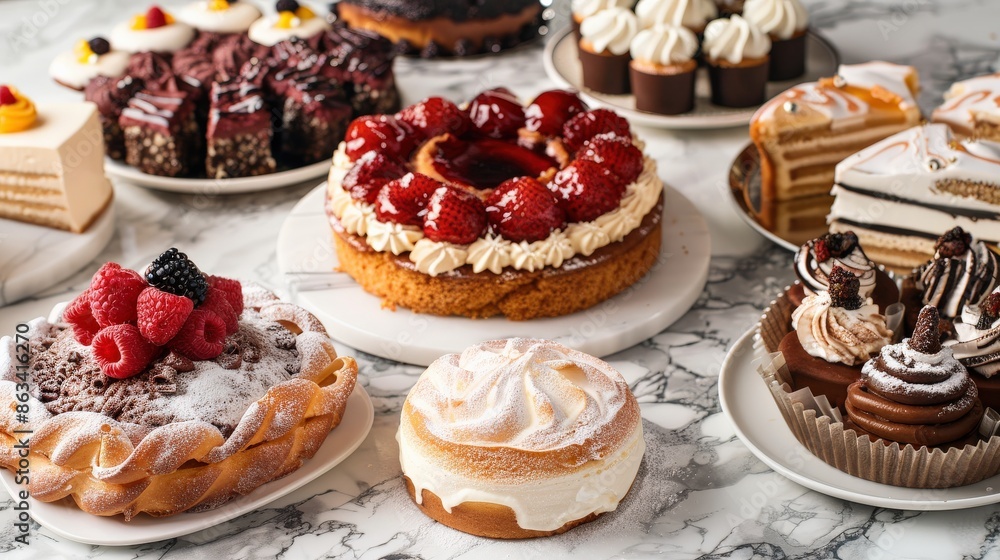 A table full of desserts with a variety of flavors and toppings, including chocolate, raspberry, and vanilla A table full of desserts with a variety of flavors and toppings, including chocolate, raspberry, and vanilla