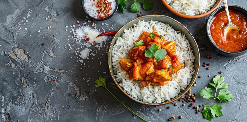A bowl of rice with meat and vegetables is on a table. There is a spoon next to the bowl A bowl of rice with meat and vegetables is on a table. There is a spoon next to the bowl