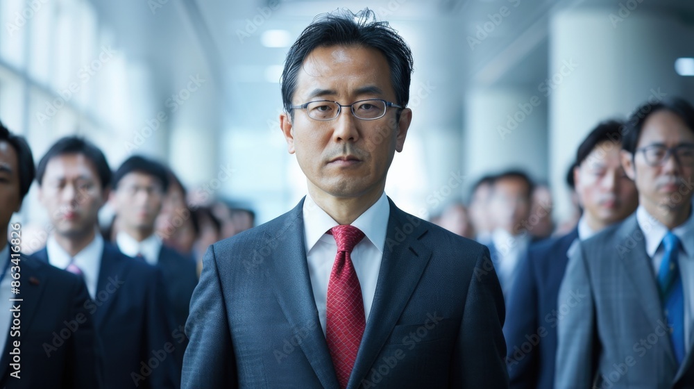 A man in a suit and tie stands in front of a group of people wearing masks. Concept of formality and professionalism, as the man is dressed in a suit and tie A man in a suit and tie stands in front of a group of people wearing masks. Concept of formality and professionalism, as the man is dressed in a suit and tie