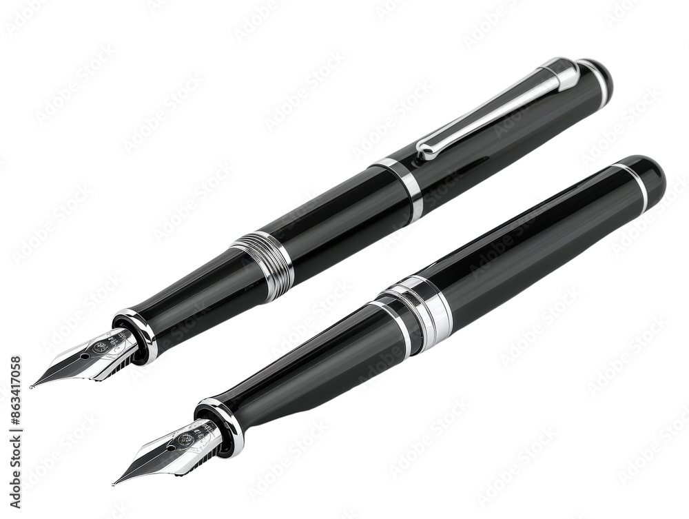 A black fountain pen and a black rollerball pen with silver accents. Both pens are laid down at an angle. A black fountain pen and a black rollerball pen with silver accents. Both pens are laid down at an angle.