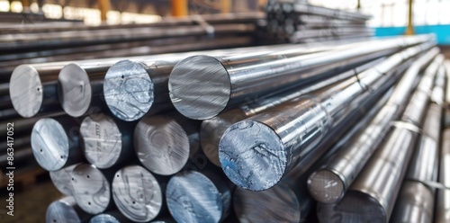 A pile of metal rods. Storing aluminum rods in a warehouse for remelting into foil metal products. Concept Metal Rods, Warehouse Storage, Recycling Process, Aluminum Materials, Foil Production photo