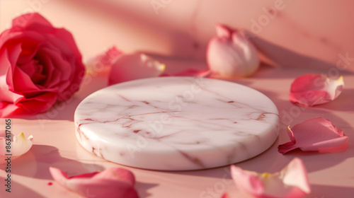 rose marble disc resting on a rose coloured table with rose petals lying around, rose wall background, soft light colors