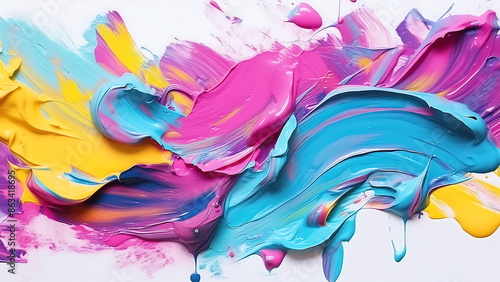 Abstract art background of colorful paint strokes.  Bright blue, yellow, pink, and purple paint splattered on white background.  Concept of creativity, expression, and art.