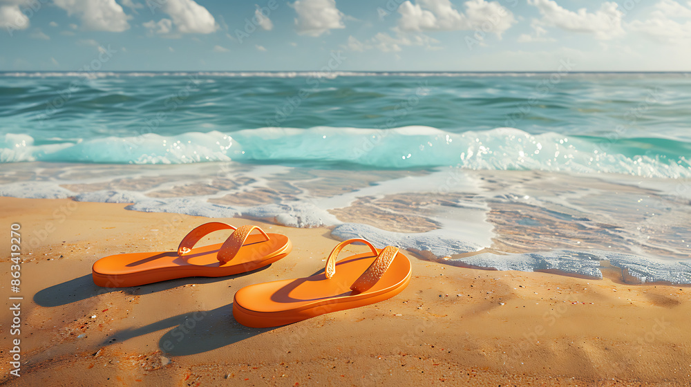 Obraz premium Flip flop sandals on beach with water waves holiday summer photograph