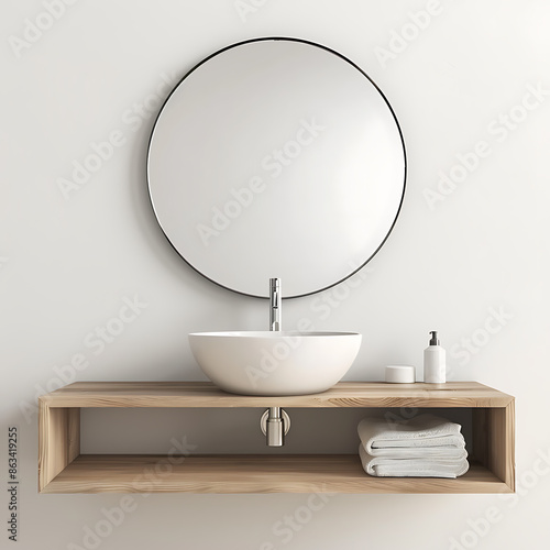 Bathroom interior with a white bathtub and a vertical poster. 3d rendering