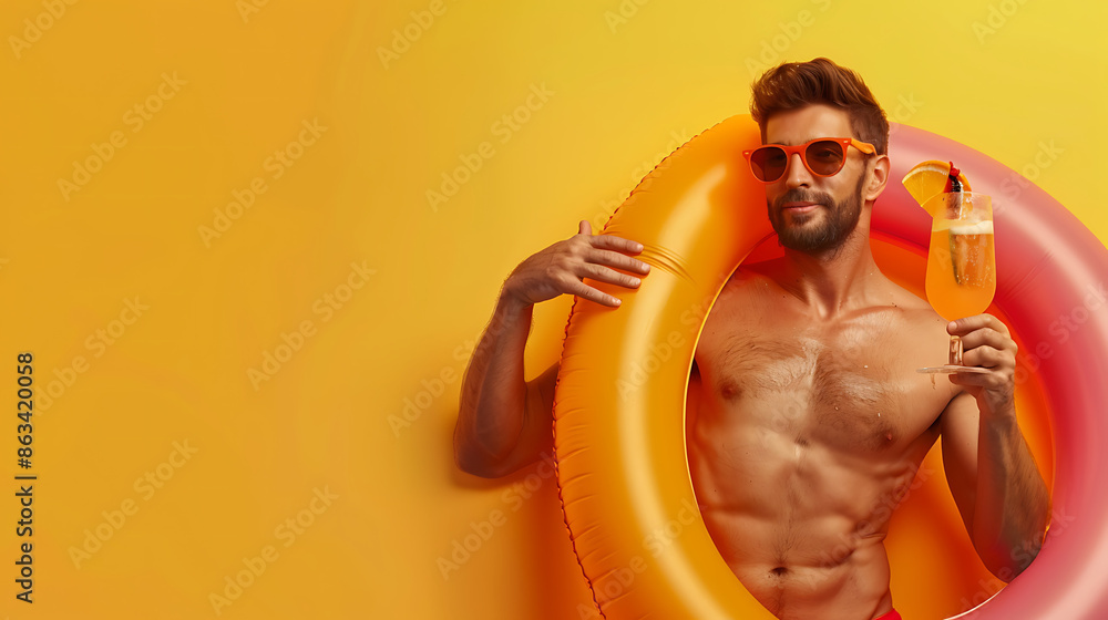 yellow background muscular six pack model man posing with sunglasses and a cocktail drink yellow background muscular six pack model man posing with sunglasses and a cocktail drink