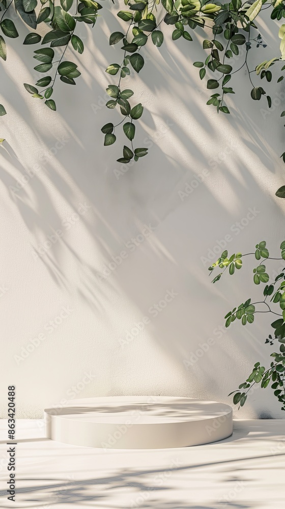 Minimal podium setup with leaves in the background, no text or product display, softly lit by daylight, minimalistic design, 3D rendering, surrounded by leaves, presentation mockup Minimal podium setup with leaves in the background, no text or product display, softly lit by daylight, minimalistic design, 3D rendering, surrounded by leaves, presentation mockup