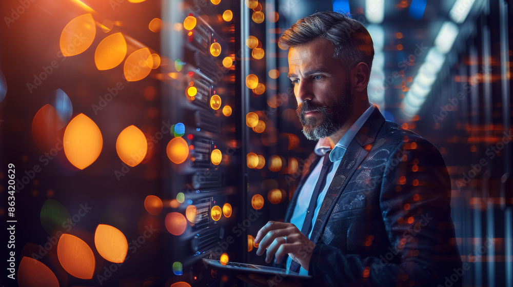 A man in a suit is working on a laptop in a dimly lit room, IT employee A man in a suit is working on a laptop in a dimly lit room, IT employee