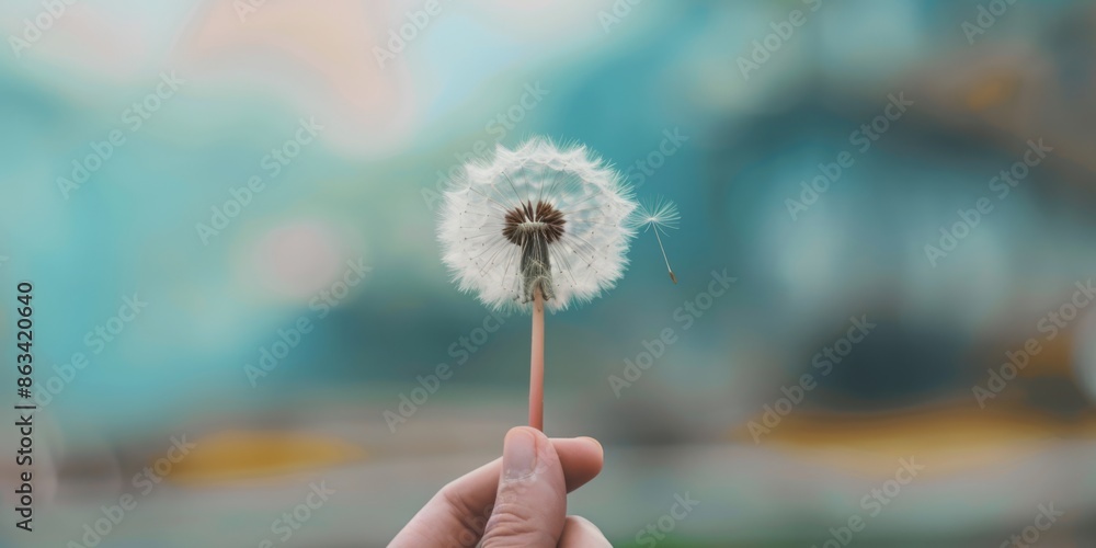 Fototapeta premium hand holding a single dandelion, with a soft, blurred background