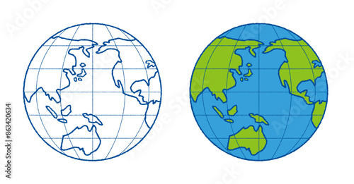 青い線の世界地図と緑と青の世界地図のセット。太平洋を中心とした緯線と経線の入った手書き風の地球儀。