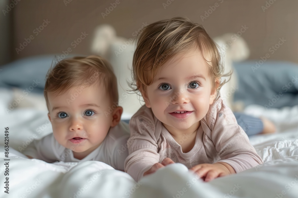 Two babies, one older and one younger, lie on a bed with bright eyes and wide smiles. The soft bedding and warm surroundings create a heartwarming family scene. Two babies, one older and one younger, lie on a bed with bright eyes and wide smiles. The soft bedding and warm surroundings create a heartwarming family scene.