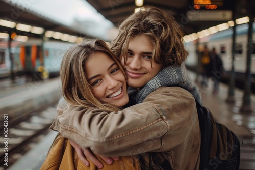 A young couple lovingly embraces each other at a train station platform, showcasing their affection and closeness while awaiting their next travel journey on a rainy day.