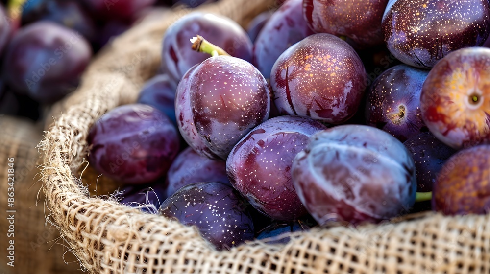 Obraz premium Plum fruit on wooden tray, Red Plums on green bokeh background.