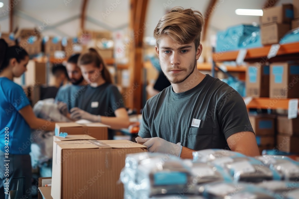 Fototapeta premium Young volunteers working together to organize supplies at a community center, emphasizing teamwork, dedication, and the passion to assist others in need.