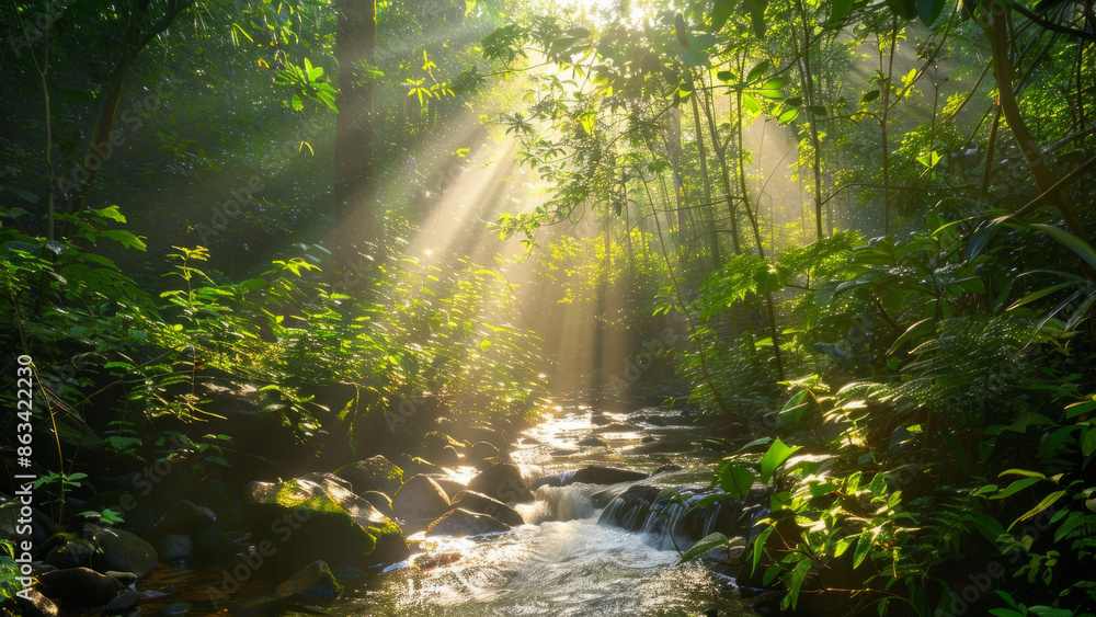 Obraz premium Enchanted Forest with Sunlight Filtering Through Trees 