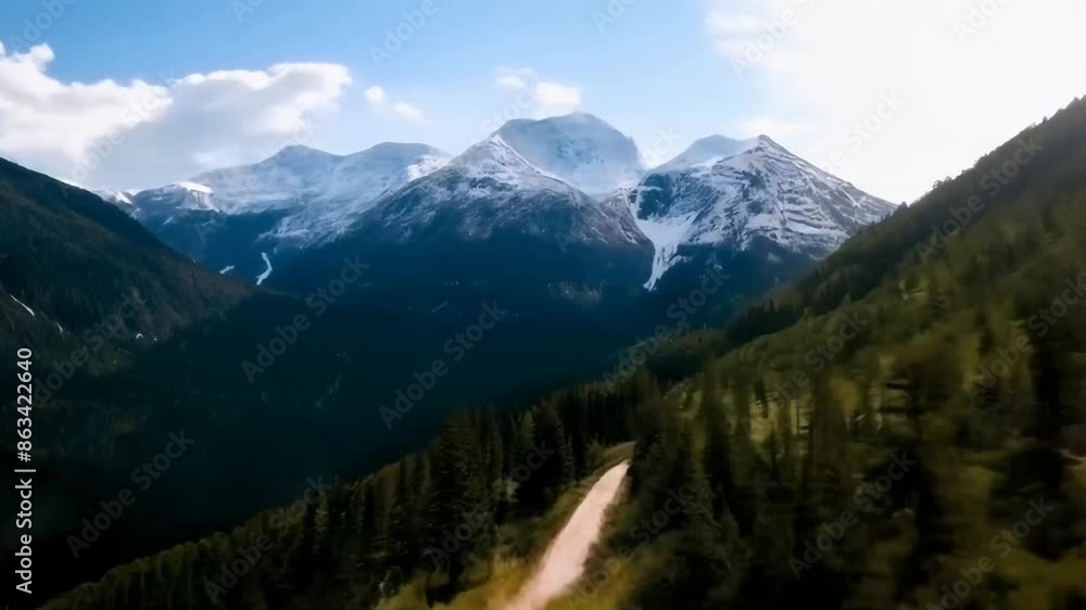 Mountains with snowy peaks and a forest in the foreground. Mountains with snowy peaks and a forest in the foreground.