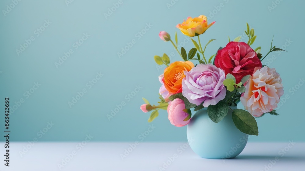 Fototapeta premium Artificial mixed color flower arrangement in small vase on light background viewed from the side empty space for text Perfect for interior decoration