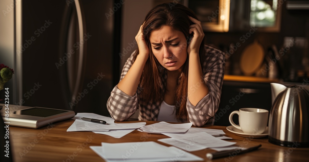 Young Caucasian woman worriedly managing bills with a calculator at home dining table, deeply concerned about financial difficulties.4k wallpaper, stress, finances, bankruptcy, pain Young Caucasian woman worriedly managing bills with a calculator at home dining table, deeply concerned about financial difficulties.4k wallpaper, stress, finances, bankruptcy, pain
