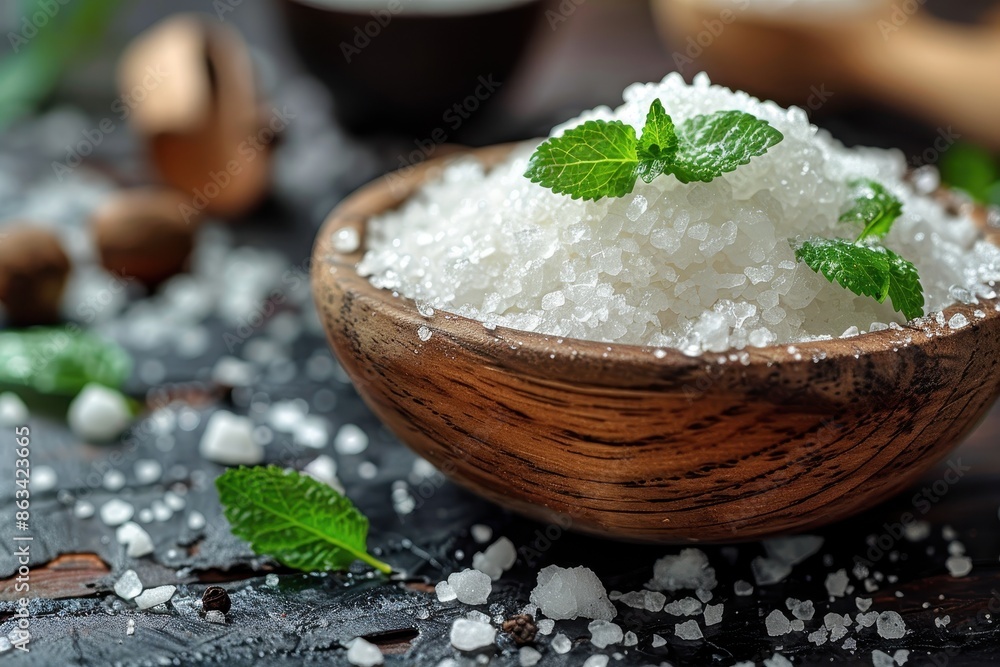 A wooden bowl filled with coarse salt garnished with fresh mint leaves, situated on a rustic table setting, evoking an impression of freshness and flavor. A wooden bowl filled with coarse salt garnished with fresh mint leaves, situated on a rustic table setting, evoking an impression of freshness and flavor.