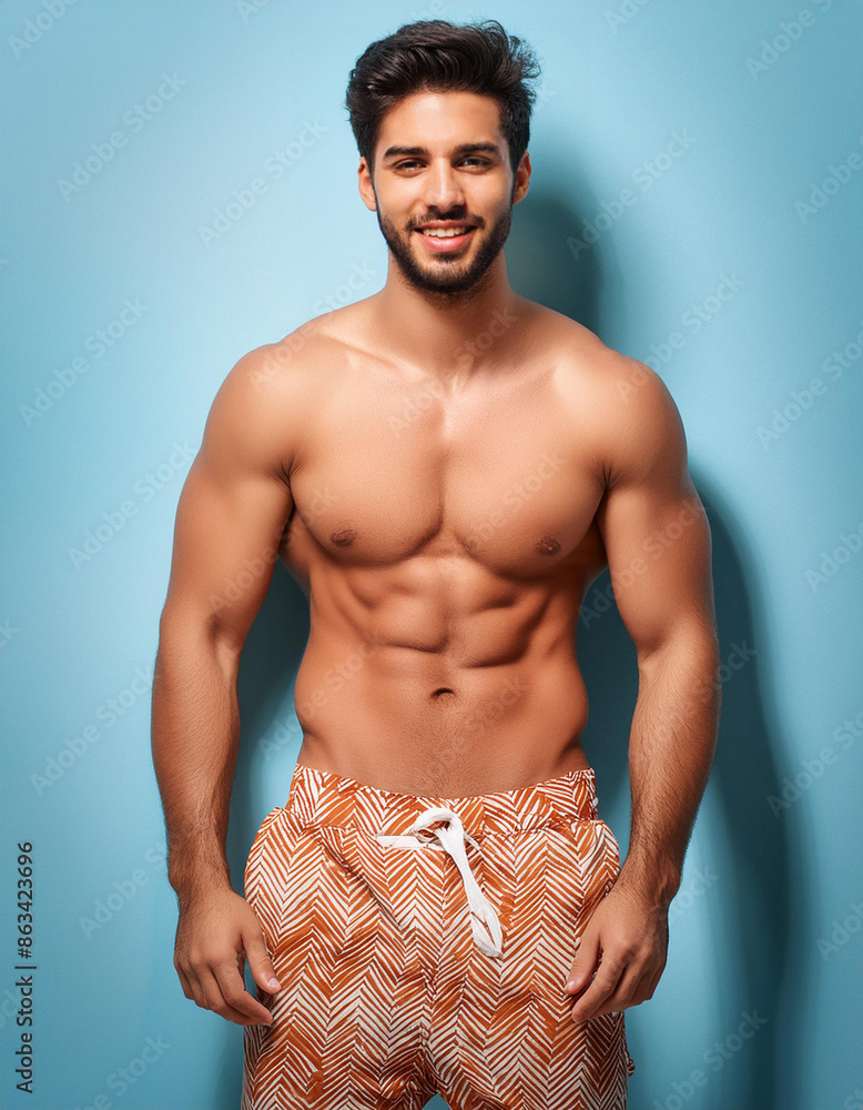 Fototapeta premium uomo muscoloso costume da bagno addominali scolpiti costume da bagno 