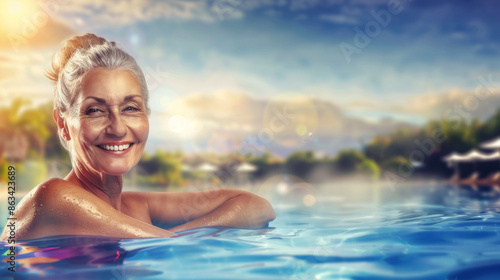 A woman is smiling and sitting in a pool of water
