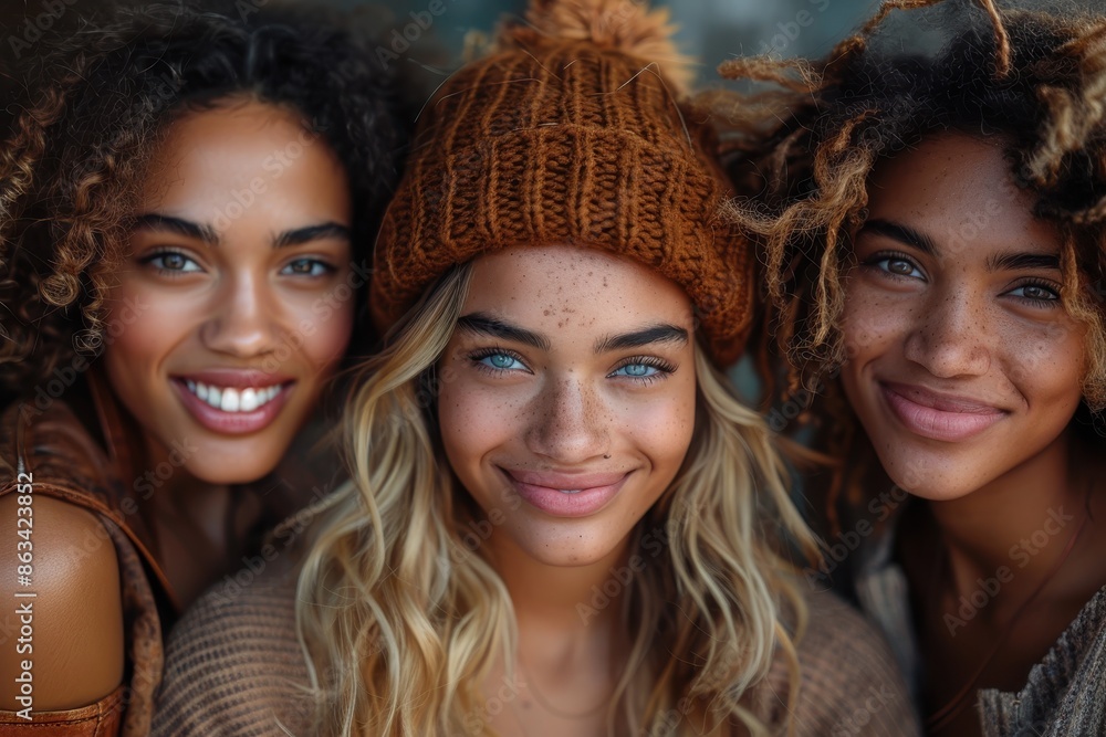 Three women in warm winter wear, with freckles and curly hair, smile together in a cozy setting, capturing the essence of friendship, warmth, and happy moments. Three women in warm winter wear, with freckles and curly hair, smile together in a cozy setting, capturing the essence of friendship, warmth, and happy moments.