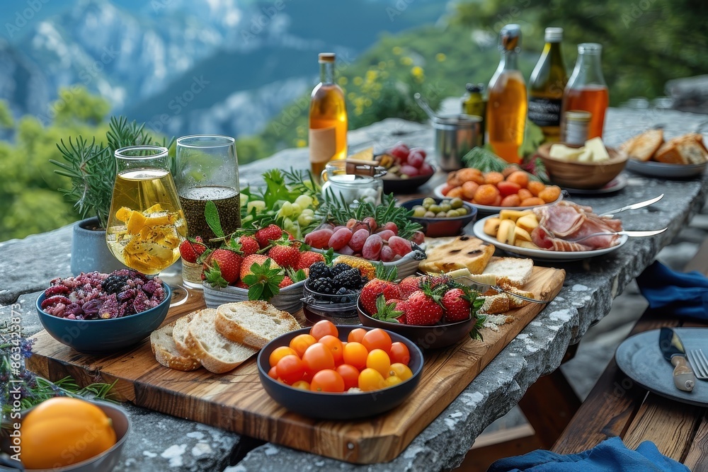 Fototapeta premium An inviting outdoor picnic spread with bread, cheeses, fruits, and an assortment of beverages, set against a backdrop of scenic mountain views on a sunny day.