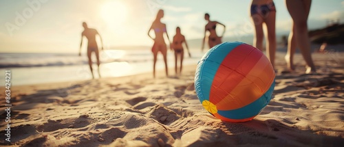 Beach ball rolling towards a group of friends, creating a spontaneous summer scene photo