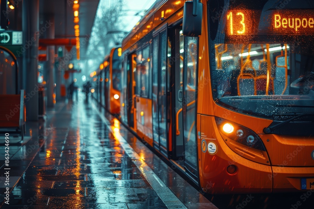 Orange tram marked with number 13 at a rain-soaked station platform with reflective surfaces and modern infrastructure captured in an urban evening setting. Orange tram marked with number 13 at a rain-soaked station platform with reflective surfaces and modern infrastructure captured in an urban evening setting.