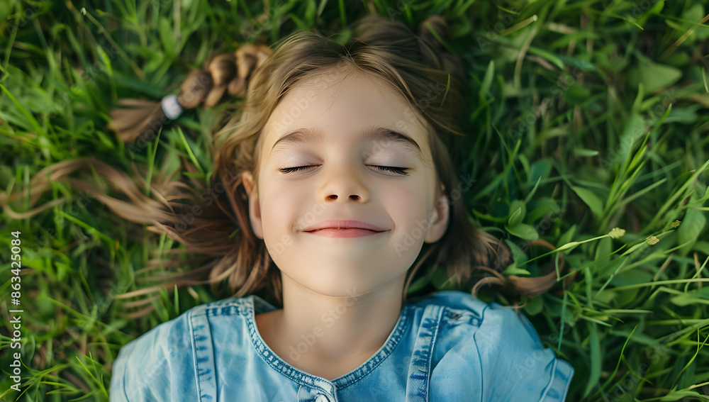 A young girl lies peacefully on grass, smiling and enjoying a serene moment outdoors with her eyes closed. A young girl lies peacefully on grass, smiling and enjoying a serene moment outdoors with her eyes closed.