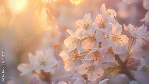 Beautiful blooming cherry blossoms against a soft, glowing sunset background, showcasing delicate pink and white petals.
