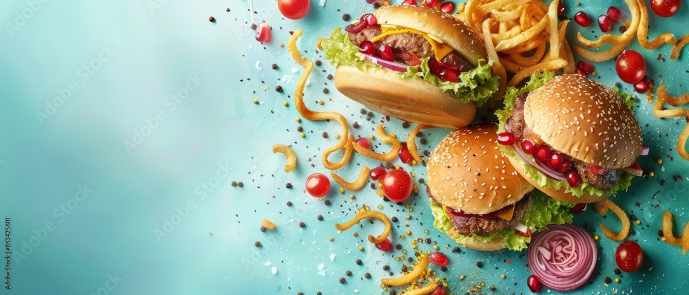 Three juicy burgers with fries and tomatoes on a blue background. Three juicy burgers with fries and tomatoes on a blue background.